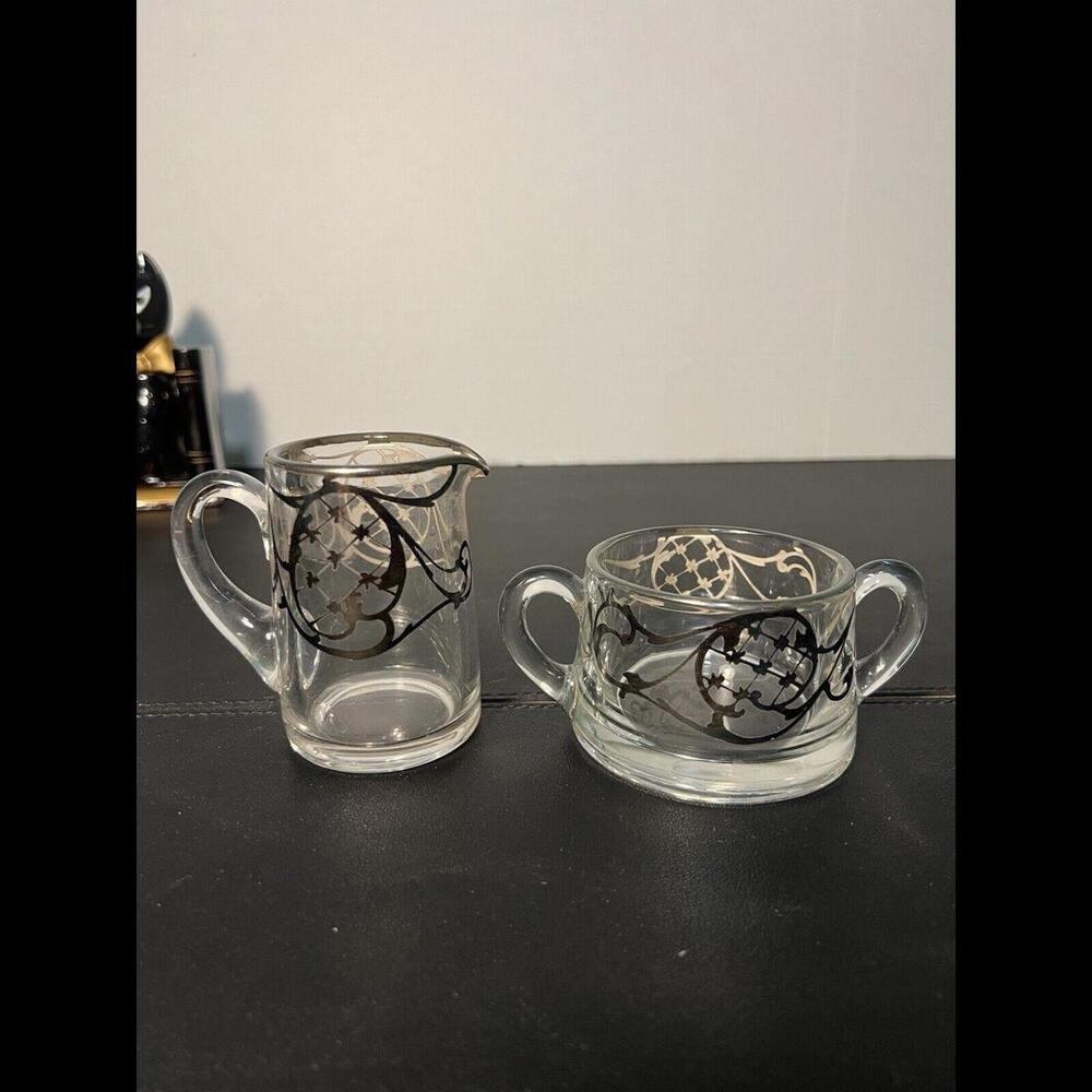 Heisey Vintage 1930s Glass Sugar Bowl Creamer Set Silver Overlay